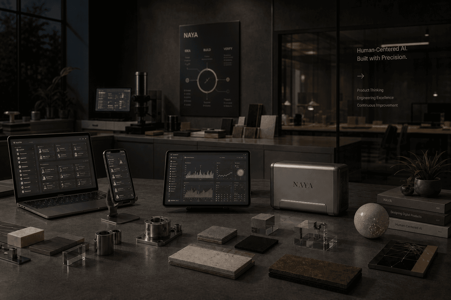 NAYA product studio with devices, prototypes, and materials