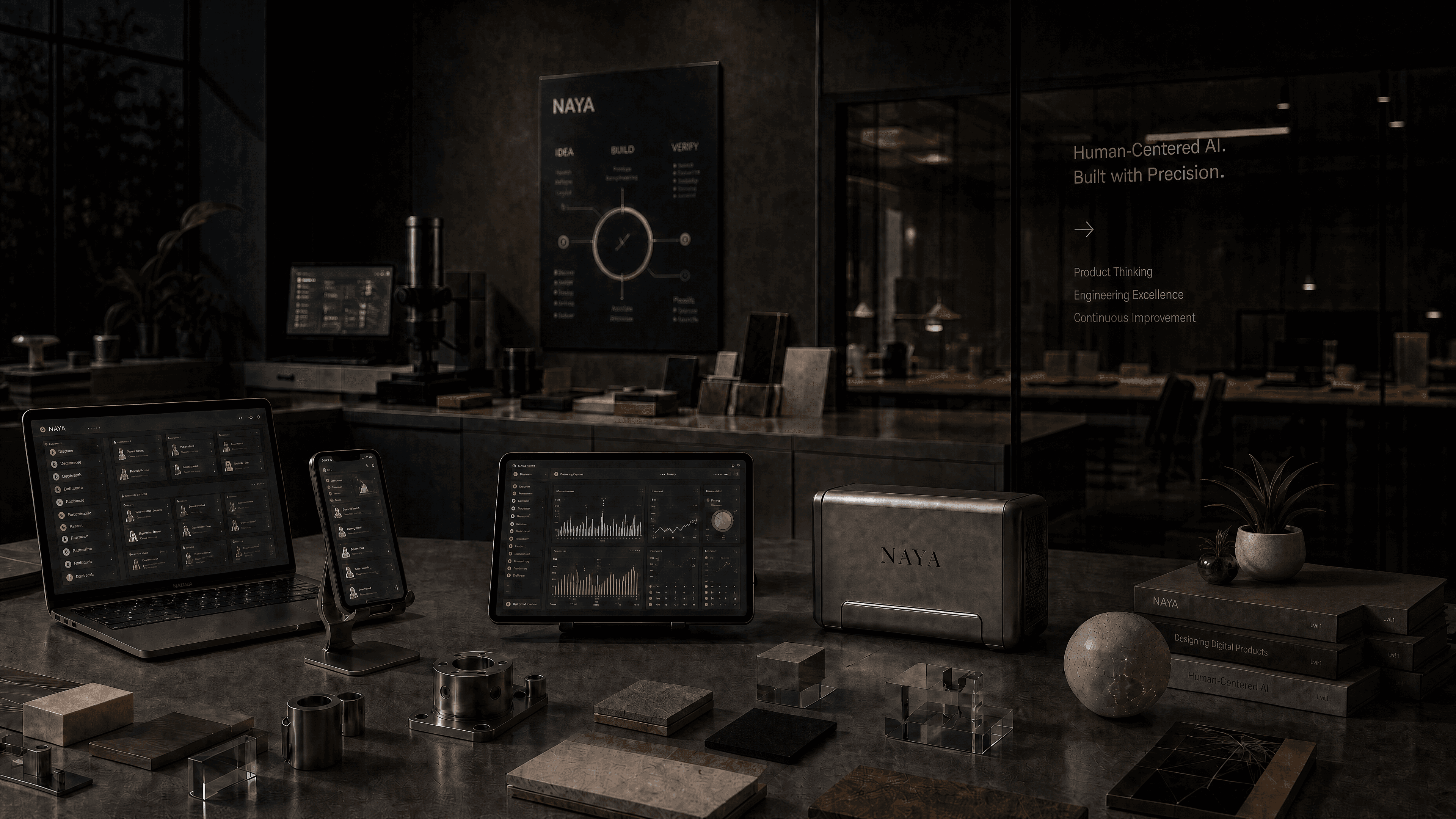 NAYA product studio with devices, prototypes, and materials