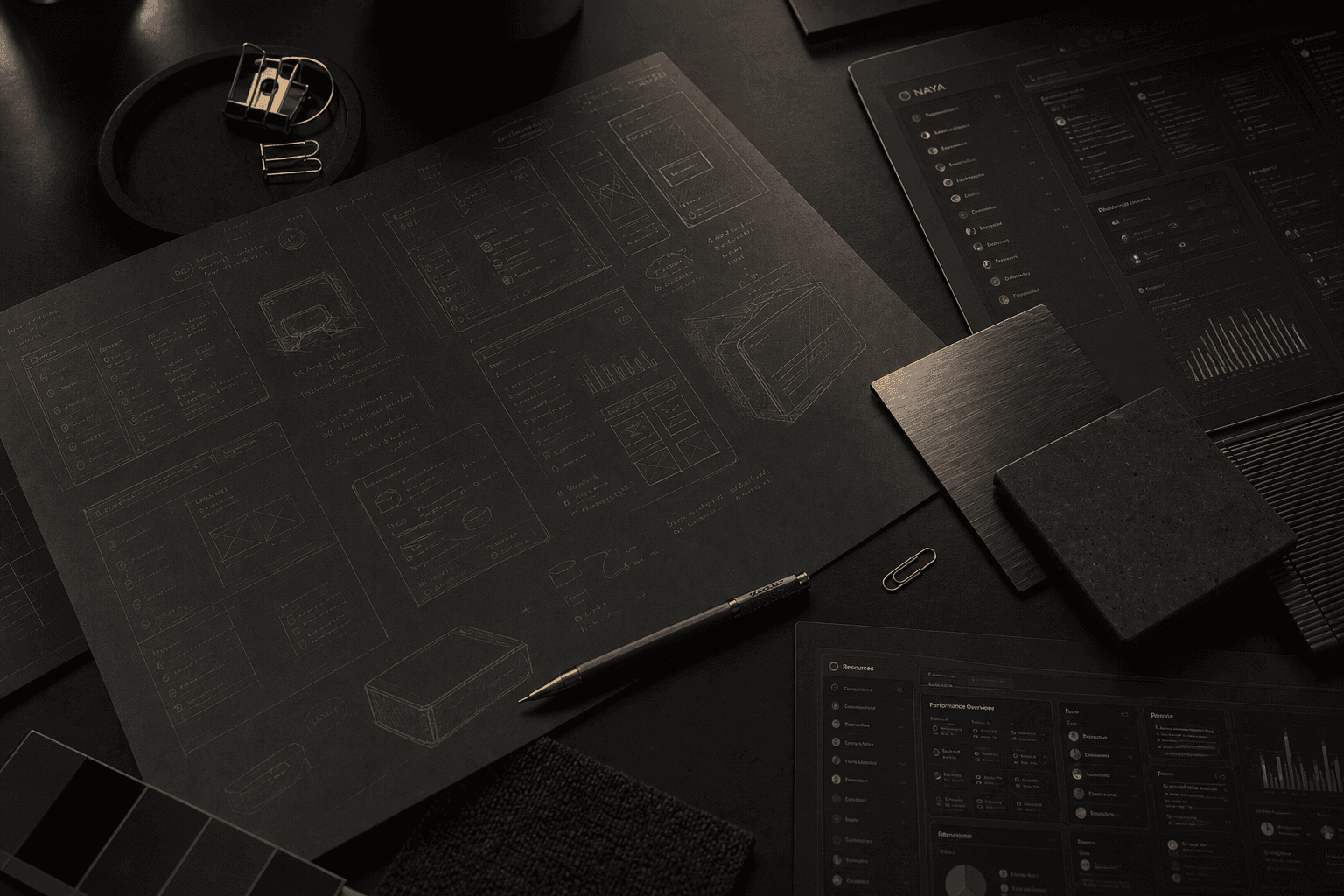 Desk with sketches, notes, and material samples for product direction