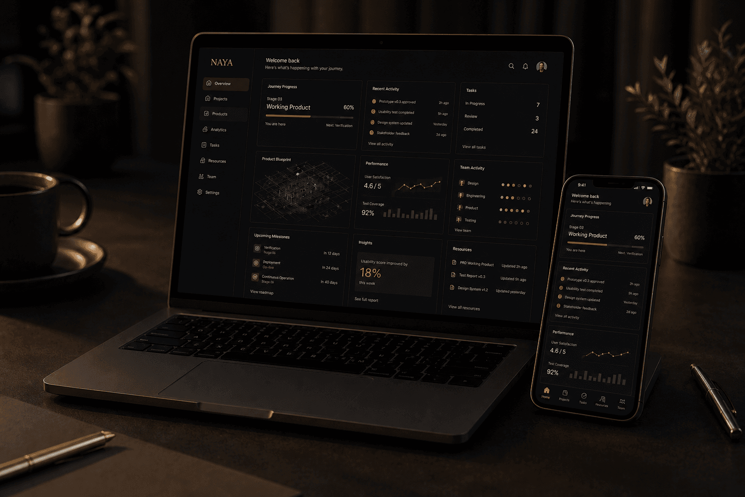 Laptop and phone showing a working NAYA product interface