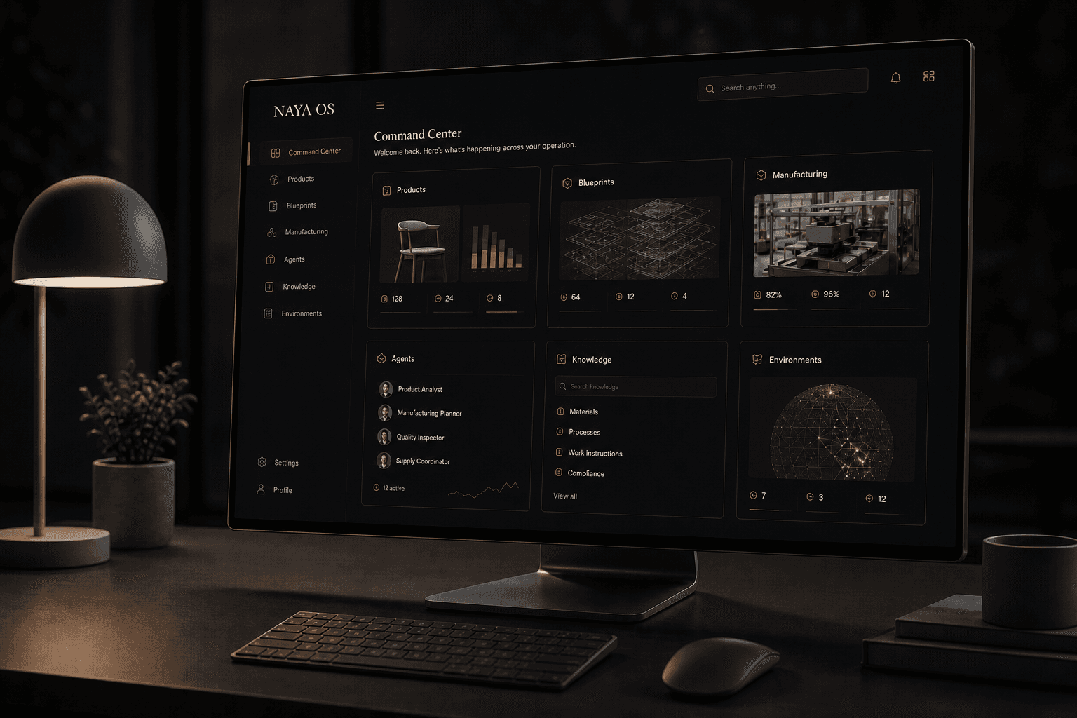 NAYA OS command center on a premium desktop display