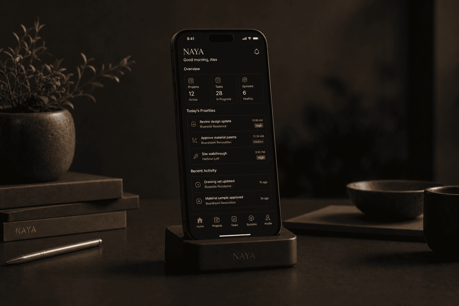 NAYA Mobile interface on a premium phone in a stand